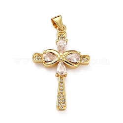 5Pcs Brass Micro Pave Clear Cubic Zirconia Pendants, Cross, Real 18K Gold Plated, 30x19x4mm, Hole: 4x3mm