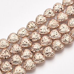 Brins de perles de pierre de lave naturelle galvanisées, cahoteuse, cœur, rose plaqué or, 11x10~10.5x4.5~5mm, Trou: 1mm, Environ 40 pcs/chapelet, 15.7 pouce