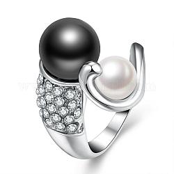 Сплав олова чешский горный хрусталь палец кольца для женщин, с имитацией жемчуга, чёрные, платина, Размер 8, 18.1 мм