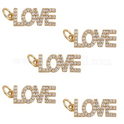 5Pcs Brass Micro Pave Clear Cubic Zirconia Pendants, with Jump Rings, Word Love, Real 18K Gold Plated, 18.6x7x1.9mm, Hole: 2.4mm