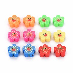 Handmade Polymer Clay Beads, Flower with Smiling Face, Mixed Color, 9~10x4mm, Hole: 1.5mm