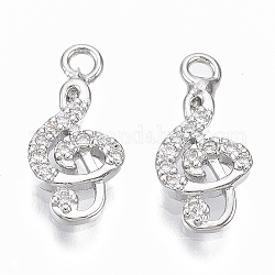 Brass Micro Pave Cubic Zirconia Charms, Nickel Free, Musical Note, Clear, Real Platinum Plated, 14x7x2mm, Hole: 1.4mm