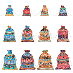 Nbeads 12Pcs 12 Styles Bohemian Rectangle Geometric Print Linenette Drawstring Bags, Ethnic Style Pouches, Mixed Color, 9~18x7~13cm, 1pc/style