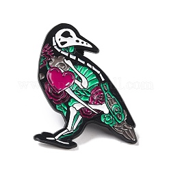 Perroquet squelette avec broche en émail coeur pour halloween, insigne en alliage d'animaux pour vêtements de sac à dos, électrophorèse noir, colorées, 36x32.5x1.5mm, pin: 1 mm