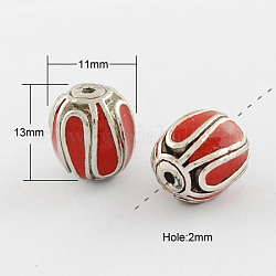 Handmade Indonesia Beads, with Alloy Cores, Oval, Antique Silver, Red, 13x11mm, Hole: 2mm