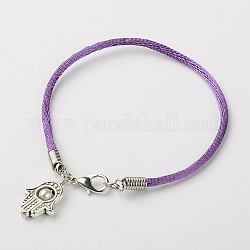 Nylon Thread Bracelet Making, with Glass Pearl Beads, Tibetan Style Alloy Hamsa Hand/Hand of Fatima/Hand of Miriam Pendants and Alloy Lobster Clasps, Platinum and Antique Silver Metal Color, Medium Purple, 185x2mm