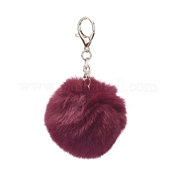 Pom Pom Ball Keychain, with Alloy Lobster Claw Clasps and Iron Key Ring, for Bag Decoration,  Keychain Gift and Phone Backpack , Light Gold, Dark Red, 138mm