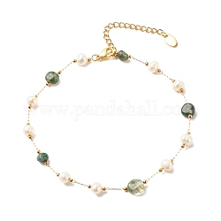 Tobillera con cuentas de ágata de musgo natural y perlas, joyas de acero inoxidable chapado en oro para mujer., 9.65~9.92 pulgada (245~252 mm)