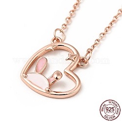 Collier pendentif coeur en émail avec lapin, 925 bijoux en argent sterling pour femme, or rose, 16.02 pouce (40.7 cm)