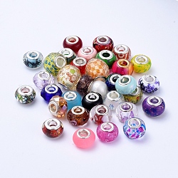 Glas & Harz europäische Perlen, Großloch perlen, mit silberner Farbe Messingkern, Rondell, Mischfarbe, 13.5~15.5x8.5~15.5 mm, Bohrung: 4.5 mm