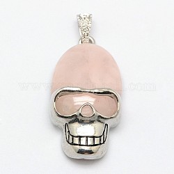 Personalized Retro Halloween Skull Jewelry Bezel Natural Rose Quartz Pendants, with Antique Silver Plated Alloy Findings, 43x23x12mm, Hole: 5x4mm