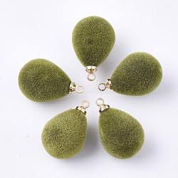 Pendenti acrilici floccati, con accessori di ottone, lacrima, oro, verde oliva, 20~20.5x12.5mm, Foro: 1.6 mm