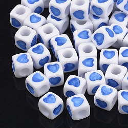 Perline europei acrilici opachi, grandi branelli del foro del cubo, con disegno cuore, cielo blu profondo, 7x7x7mm, Foro: 4 mm, circa 1900pcs/500g