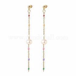 Pendientes colgantes de cadena larga con cuentas de perlas naturales para mujer, dorado, colorido, 80mm, pin: 0.8 mm