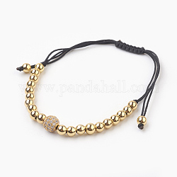 Bracelets avec perles en laiton tressé, avec zircone cubique et nylon, ronde, or, 2.4~7.4 cm