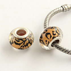 Large Hole Acrylic European Beads, with Platinum Tone Brass Double Cores, Rondelle, Sandy Brown, 14x9mm, Hole: 5mm