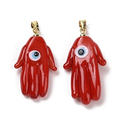 Handmade Lampwork Pendants, with Real 18K Gold Plated Brass Findings, Cadmium Free & Lead Free, Hamsa Hand/Hand of Miriam with Evil Eye, Red, 30x17x5.5mm, Hole: 5x3.5mm