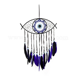 Iron Woven Web/Net with Feather Pendant Decorations, with Wood and Plastic Beads, Covered with Lint and Cotton Cord, Evil Eye, Black, 675mm
