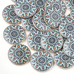 Printed Wooden Pendants, Flat Round, Pale Turquoise, 30x5mm, Hole: 1mm