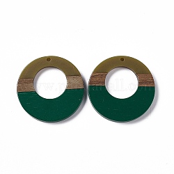 不透明な樹脂とクルミ材のペンダント  リングチャーム  濃い緑  38x3.5mm  穴：2mm