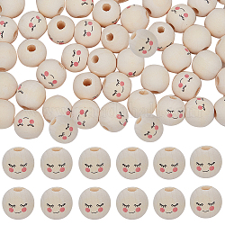 Gorgecraft 100Pcs Maple Wood European Beads, Printed, Large Hole Beads, Undyed, Round with Shy Expression, Blanched Almond, 17~18mm, Hole: 5mm