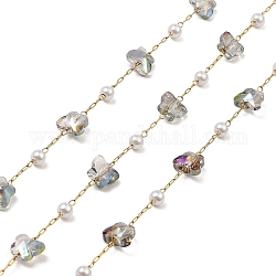 Cadenas de eslabones con cuentas de perlas de plástico ABS y vidrio de mariposa, con 304 cadenas doradas de clip de acero inoxidable, soldada, con carrete, gris claro, 6x7.5x4.5mm, 4x3.5mm, aproximadamente 32.81 pie (10 m) / rollo