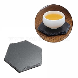 Tappetino per tazza in pietra nera naturale, sottobicchiere con bordo grezzo, con spugna, esagono, 86x100x7.4mm