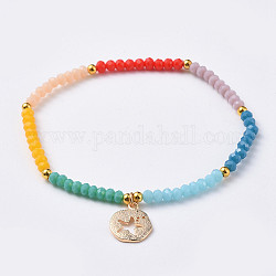 Chakra Jewelry, Charm Bracelets, with Faceted Rondelle Glass Beads and Real 18K Gold Plated Brass Charms, Flat Round with Starfish/Sea Stars, Colorful, 2-1/8 inch(5.5cm)