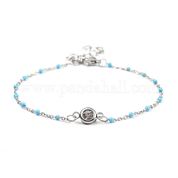 304 Stainless Steel Cable Chains Link Bracelets, with Enamel, Cubic Zirconia and Lobster Claw Clasps, Light Sky Blue, 7-5/8 inch(19.5cm)