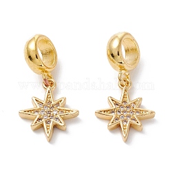 Brass Cubic Zirconia European Dangle Charms, Largr Hole Pendants, Long-Lasting Plated, Real 18K Gold Plated, Star, Clear, 22mm, Hole: 5mm, Pendant: 13.5x11x2mm