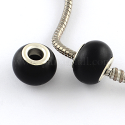 Frosted Style Glass European Beads, with Silver Color Plated Brass Core, Large Hole Beads, Rondelle, Black, 14x11mm, Hole: 5mm