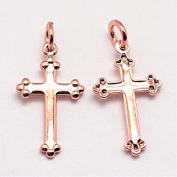Brass Pendants, Cross, Cadmium Free & Nickel Free & Lead Free, Real Rose Gold Plated, 18x10x1mm, Hole: 3mm