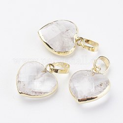 Quarzo naturale pendenti in cristallo, pendenti in cristallo di rocca, con accessori di ottone, sfaccettato, cuore, oro, 14~15x12~12.5x4.5~5.5mm, Foro: 4x6 mm