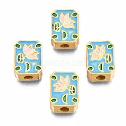 Rack Plating Alloy Enamel Beads, Cadmium Free & Lead Free, Matte Gold Color, Rectangle with Flower, Deep Sky Blue, 11.5x8.5x4mm, Hole: 2mm