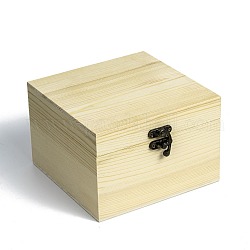Caja de almacenamiento de madera sin terminar, caja de regalo de madera de pino natural, con cierre de hierro retro, cuadrado, amarillo claro, 15.5x15x10.1 cm