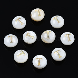 Natural Freshwater Shell Beads, with Golden Plated Brass Etched Metal Embellishments, Flat Round with Letter, Seashell Color, Letter.T, 6x4mm, Hole: 0.8mm