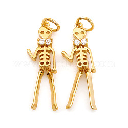 Halloween Brass Micro Pave Cubic Zirconia Pendants, with Jump Ring, Skeleton Man, Clear, Real 18K Gold Plated, 24x7.5x3mm, Hole: 3.5mm