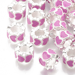 Perline europeo smalto in lega, perline con foro grande, colonna, colore argento placcato, rosa caldo, 10x6mm, Foro: 5 mm