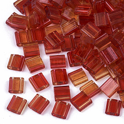 2-hole perline di vetro, spray trasparente verniciato, Two Tone, rettangolo, arancio rosso, 5x4.5~5.5x2~2.5mm, Foro: 0.5~0.8 mm