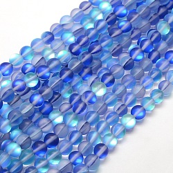 Chapelets de perles en pierre de lune synthétique, perles holographiques, demi couleur ab plaqué, mat, ronde, bleu, 8mm, Trou: 1mm, Environ 46 pcs/chapelet, 15 pouce