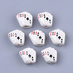 Perline porcellana fatto a mano, stampato, poker, bianco floreale, 16x15x8mm, Foro: 1.6 mm