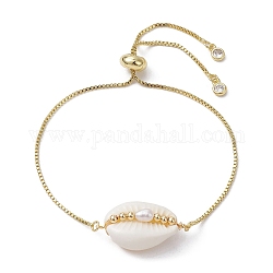 Pulsera deslizante con eslabones de perlas y conchas naturales, Pulsera ajustable con cadenas de caja de latón dorado para mujer., dorado, diámetro interior: 3/8~3-5/8 pulgada (1~9.2 cm)