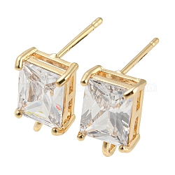 Brass with Cubic Zirconia Stud Earring Findings, Rectangle, with Vertical Loops, Real 18K Gold Plated, 12x7mm, Hole: 1.6mm, Pin: 0.9mm