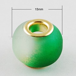 Two Tone Large Hole Rondelle Rubberized Glass European Beads, with Golden Plated Brass Double Cores, Lime Green, 15x12mm, Hole: 5mm