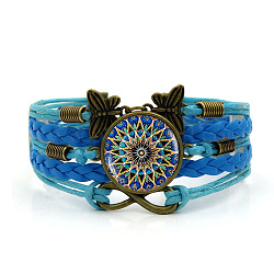 PU Leather Multi-strand Bracelet, Glass Mandala & Alloy Butterfly Links Bracelet for Women, Dodger Blue, 6-3/4 inch(17cm)