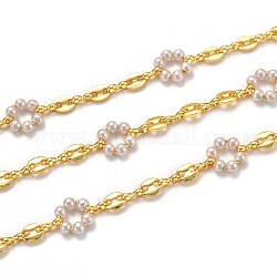 3.28 pie de cadenas de eslabones de latón hechos a mano, con perla de imitación de acrílico, Plateado de larga duración, sin soldar, dorado, blanco, enlaces: 10.8x12.6x3.9 mm y 7.2x5.6x1.3 mm