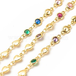 Brass Heart & Flat Round Link Chains, with Cubic Zirconia Beaded, Long-Lasting Plated, Soldered, with Spool, Colorful, 10x5x2mm, 10x5.5x2mm