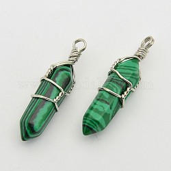 Faceted Bullet Platinum Tone Brass Gemstone Double Terminated Pointed Pendants, Dyed, Malachite, 38~42x8~9mm, Hole: 3~6mm