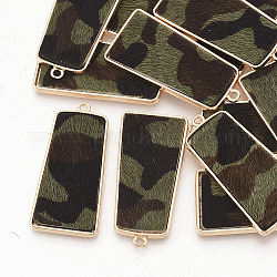 Eco-Friendly Cowhide Leather Pendants, with Golden Plated Alloy Cabochon Settings, Trapezoid with Imitation Camouflage Pattern, Olive, 40~41x20x2.5mm, Hole: 1.6mm