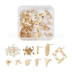 PandaHall Jewelry 16Pcs 8 Style Brass Stud Earring Findings, with Loops, Nickel Free, Flower & Triangle & Leaf & Oval & Teardrop, with 20Pcs 304 Stainless Steel Ear Nuts & 30Pcs Jump Rings, Golden, 10~28x3.5~28, Hole: 0.9~2.5, Pin: 0.7~0.8mm, 2Pcs/style
